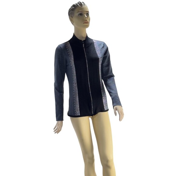 FONTANA Women’s Sweater Gray Black Jeweled Zipper Stretch LS Mock Turtle Size M - Picture 4 of 11